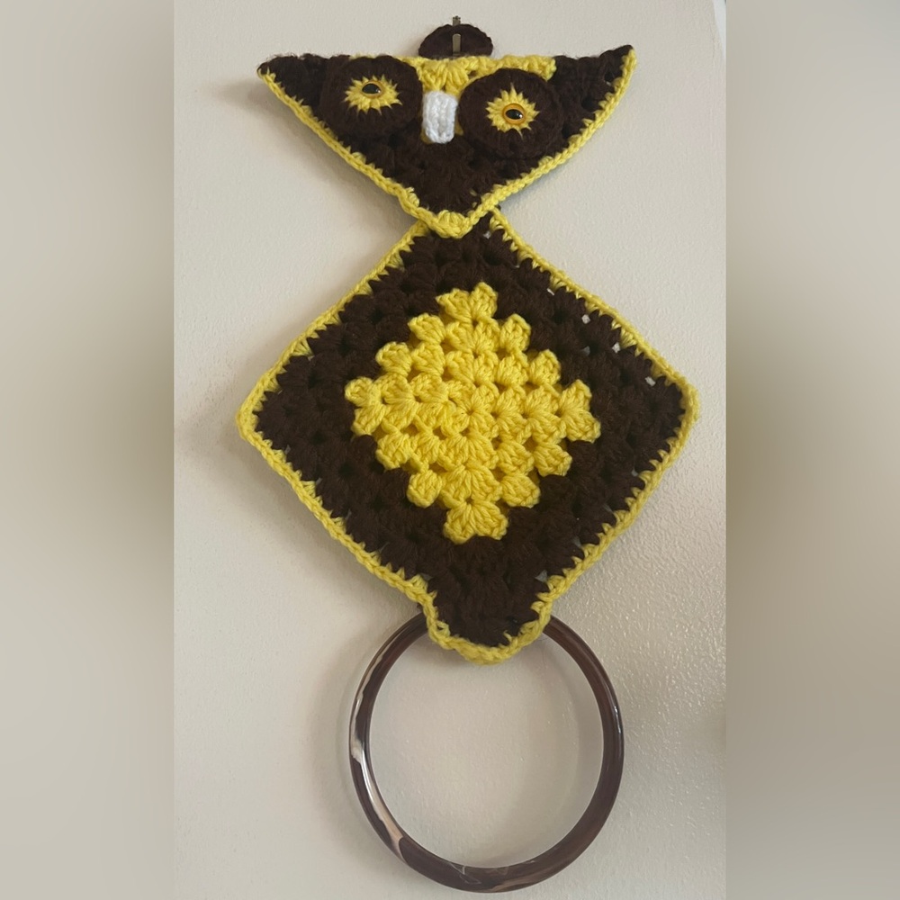 Vintage 1970s Yellow and Brown Crochet Owl Towel Wall Hanger